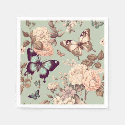 チョウチョと花のωερυライトグリーンの装飾 スタンダードカクテルナプキン (正面)