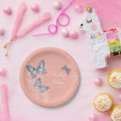 チョウチョウの珊瑚色のダークブルー結婚アート ペーパープレート (パーティー)