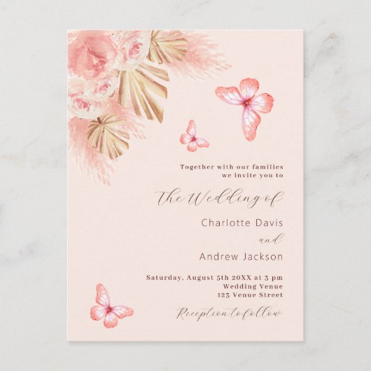 チョウチョウバエ草ピンクローズ結婚金ゴールド インビテーションポストカード (正面)