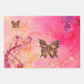 チョウチョウ、ピンク、青、紫、緑のスパークル フラワーズ ラッピングペーパーシート (正面3)