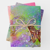 チョウチョウ、ピンク、青、紫、緑のスパークル フラワーズ ラッピングペーパーシート (インサイチュ)