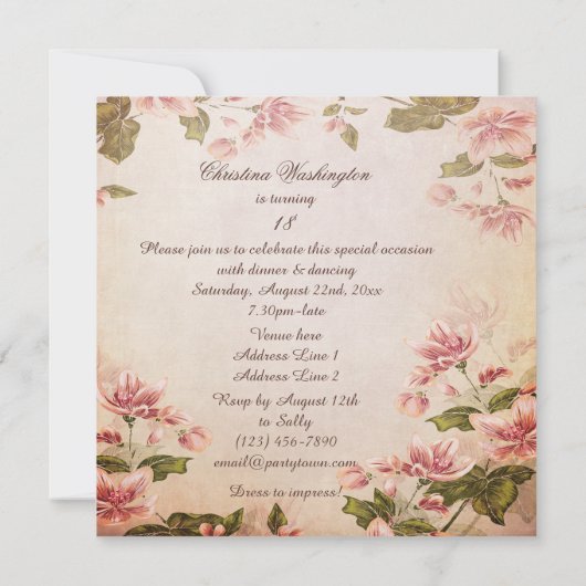 チョウ&ヴィンテージアーモンドブラッサム18th誕生日 招待状 (裏面)