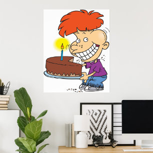チョコおもしろいーお誕生日ケーキ付き漫画の少年 ポスター