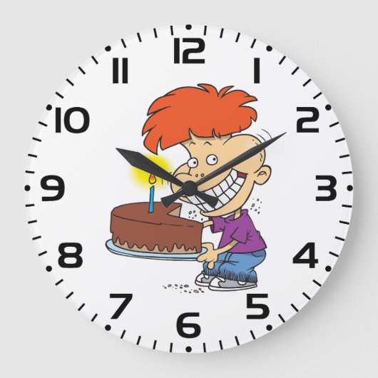 チョコおもしろいーお誕生日ケーキ付き漫画の少年 ラージ壁時計 (正面)