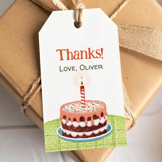 チョコお誕生日ケーキとキャンドルとテーブルクロス ギフトタグ