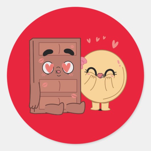 チョコとパンケーキのカップルがバレンタインデーを愛する ラウンドシール (正面)