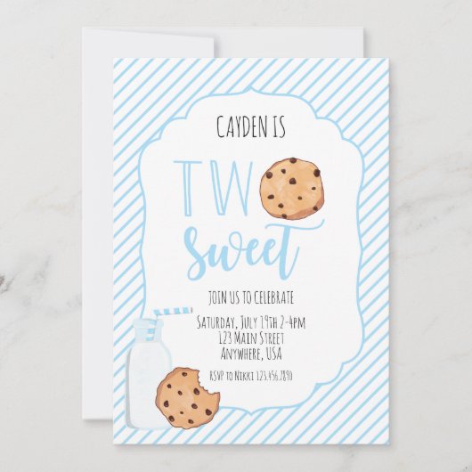チョコチップクッキーと牛乳瓶と青いストローがデザインされたブルーの「Two Sweet Milk a 招待状 (正面)
