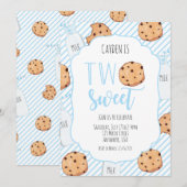 チョコチップクッキーと牛乳瓶と青いストローがデザインされたブルーの「Two Sweet Milk a 招待状 (正面/裏面)