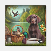 チョコラブラドールアヒルと湖の子犬 マグネット (正面)
