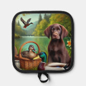 チョコラブラドールアヒルと湖の子犬 鍋敷き (正面)