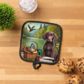 チョコラブラドールアヒルと湖の子犬 鍋敷き (トップダウン)