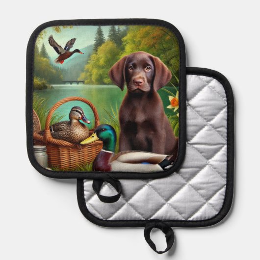 チョコラブラドールアヒルと湖の子犬 鍋敷き (正面/裏面)