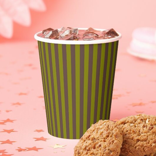 チョコレーストライプのトブラウンとオリーブグリーンの模様 紙コップ