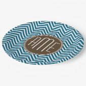 チョコレートとティール(緑がかった色)のシェブロン模様とモノグラム ペーパープレート (アングル)