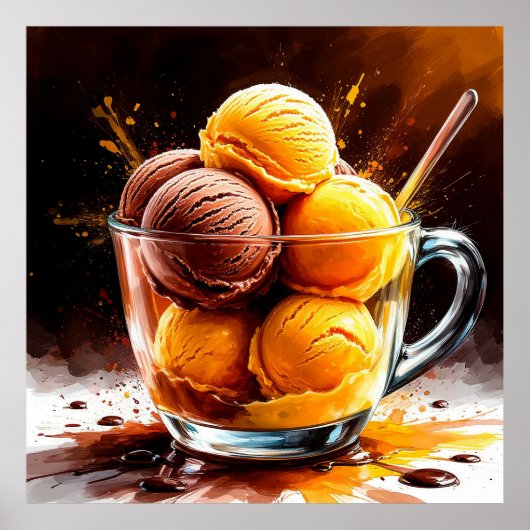 チョコレートとマンゴーのアイスクリーム入りガラスのボウル ポスター (正面)