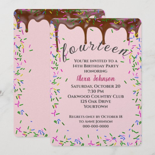 チョコレートのアイシングとスプリンクルでお祝いする14歳の誕生日 招待状 (正面/裏面)