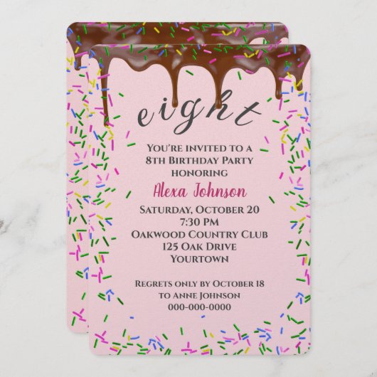 チョコレートのアイシングと振りかける第8誕生日 招待状 (正面/裏面)