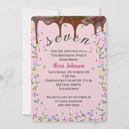 チョコレートのアイシングと振りかける誕生日付き7 招待状 (正面)