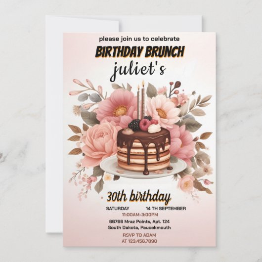 チョコレートのパンケーキ大人ピンクのブランチ30th誕生日 招待状 (正面)