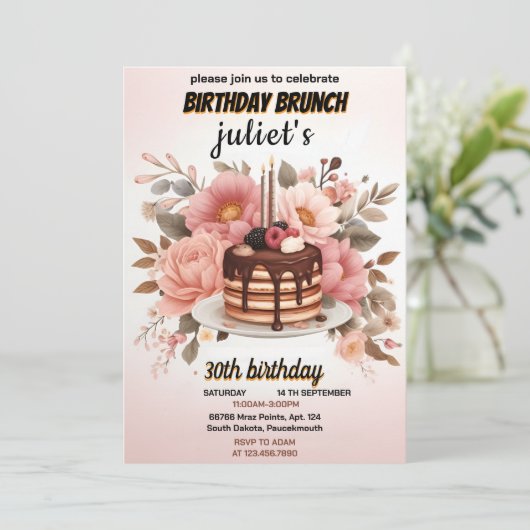 チョコレートのパンケーキ大人ピンクのブランチ30th誕生日 招待状 (スタンド正面)