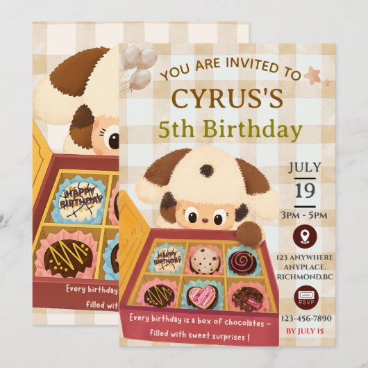 チョコレートの子犬の誕生日招待状 招待状 (正面/裏面)