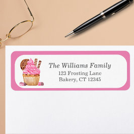 チョコレートをパーソナライズした水色ピンクのカップケーキ ラベル