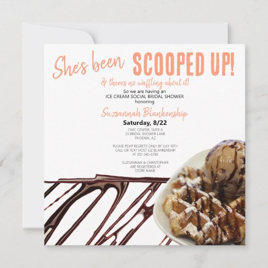 チョコレートアイスクリームスクープのワッフルブライダルシャワー 招待状 (正面)