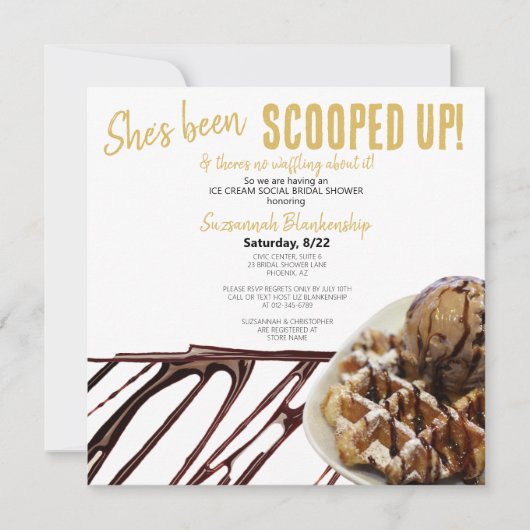チョコレートアイスクリームスクープのワッフルブライダルシャワー 招待状 (正面)