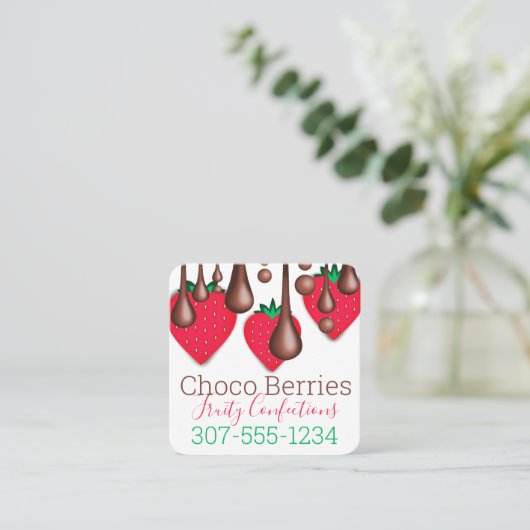 チョコレートイチゴの果物菓子の点滴 スクエア名刺 (スタンド正面)