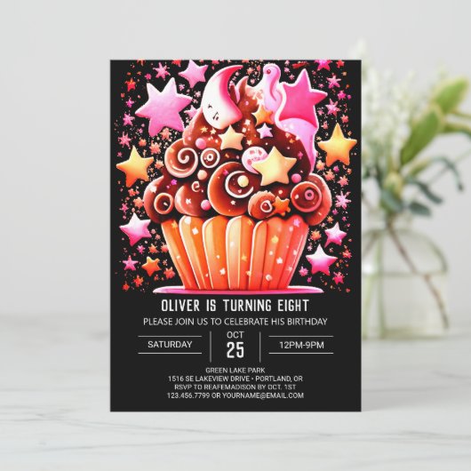 チョコレートエレガントディライトマフィンガール誕生日 招待状 (スタンド正面)