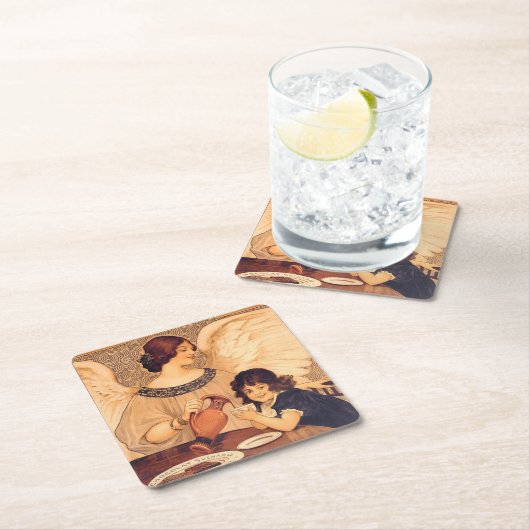 チョコレートエンジェルフランスのアンティーク スクエアペーパーコースター (インサイチュ)