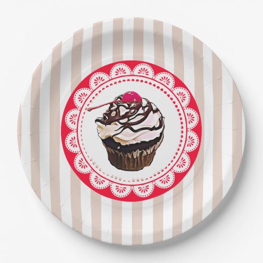 チョコレートカップケーキさくらんぼ紙プレート ペーパープレート (正面)