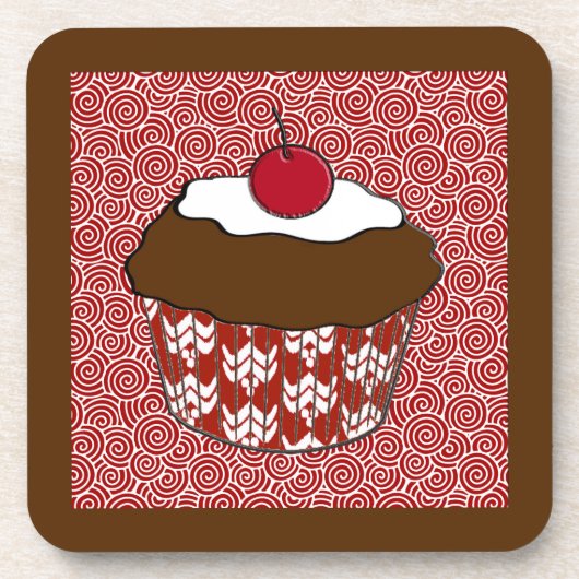 チョコレートカップケーキ赤と白パターン コースター (正面)