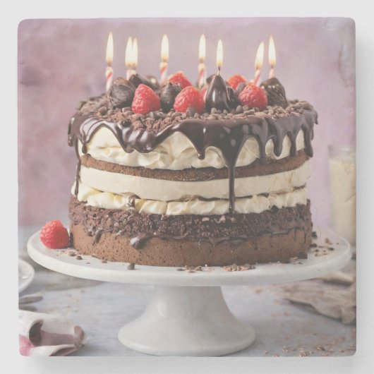 チョコレートクリームお誕生日ケーキとイチゴ ストーンコースター (正面)