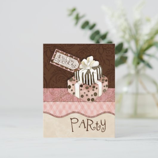 チョコレートケーキ誕生日パーティーへの招待 インビテーションポストカード (スタンド正面)