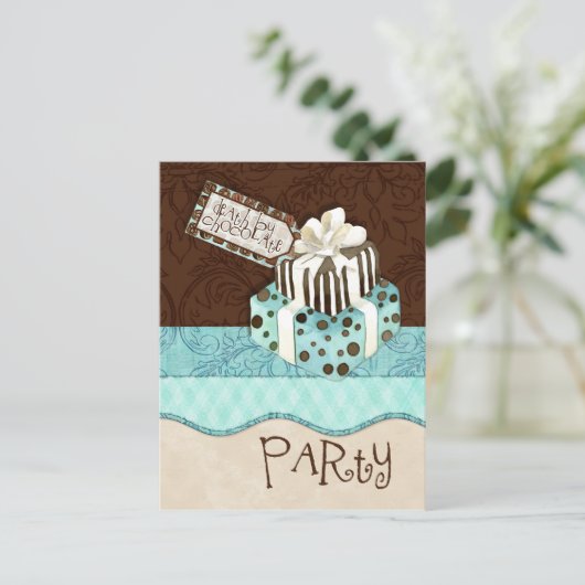 チョコレートケーキ誕生日パーティーへの招待 インビテーションポストカード (スタンド正面)