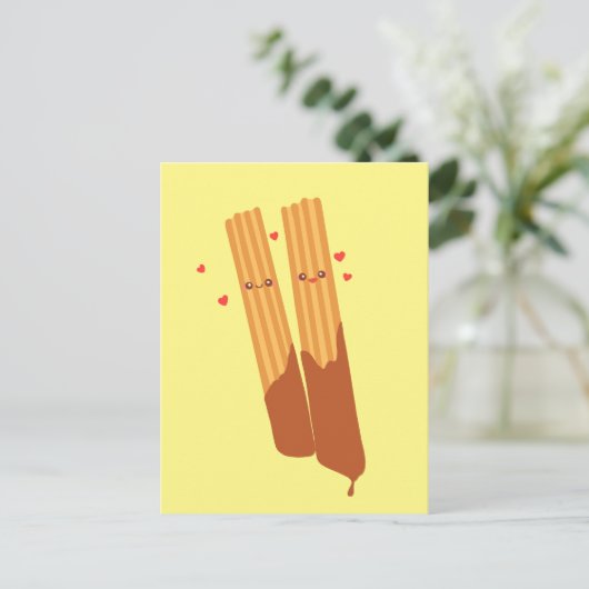 チョコレートスペインのを使ったロマンチックな砂糖のチュロス ポストカード (スタンド正面)