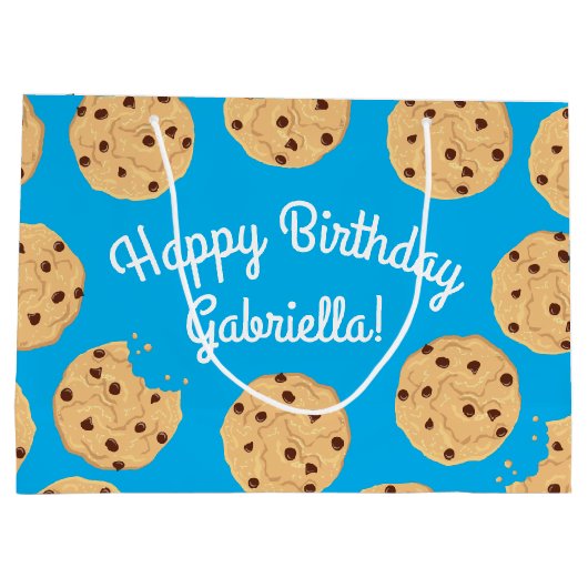 チョコレートチップクッキーキッズ1st誕生日パーティーブルー ラージペーパーバッグ (裏面)