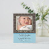 チョコレートドットベビー誕生のお知らせ（ベビーブルー） 案内ポストカード (スタンド正面)