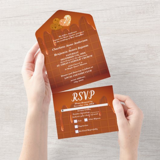 チョコレートドリップグリッター結婚ハート オールインワン招待状 (貼ってはがせる)