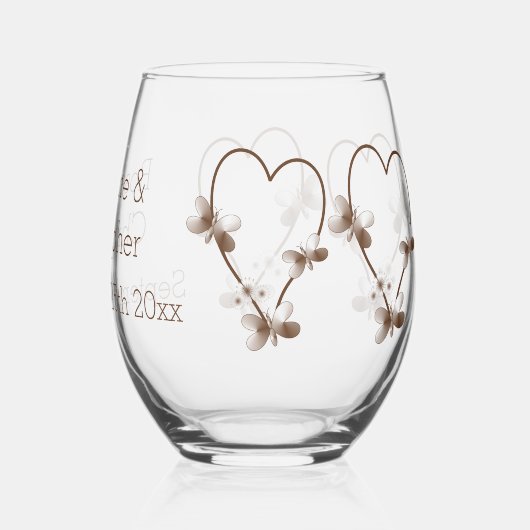 チョコレートハート及び蝶デザイン結婚ズ ステムなしワイングラス (裏面)
