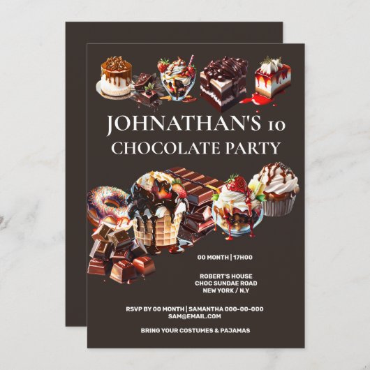 チョコレートパーティーケーキデザートアイスクリーム夏の子供 招待状 (正面/裏面)