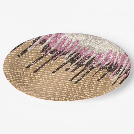 チョコレートピンクアイスクリームコーングリッタードリップ ペーパープレート (アングル)