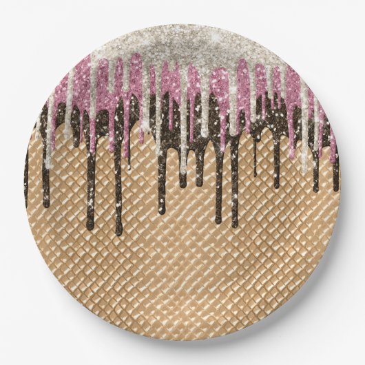 チョコレートピンクアイスクリームコーングリッタードリップ ペーパープレート (正面)