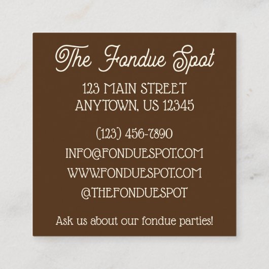 チョコレートフォンデュポットデザートフードレストラン スクエア名刺 (裏面)