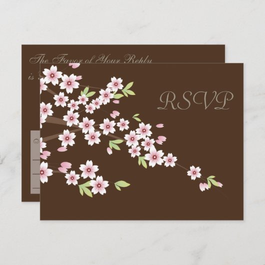 チョコレートブラウンとさくらんぼブロッサムウェディングRSVP 出欠カード (正面/裏面)