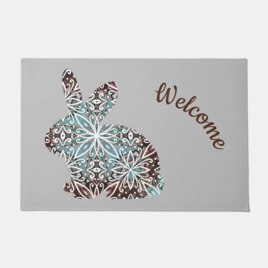 チョコレートブラウンとターコイズブルーマンダラバニー ドアマット (正面)