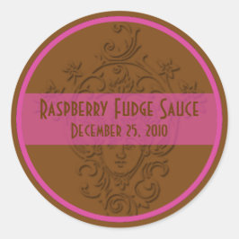 チョコレートブラウンとラズベリーピンクの缶詰ラベル ラウンドシール
