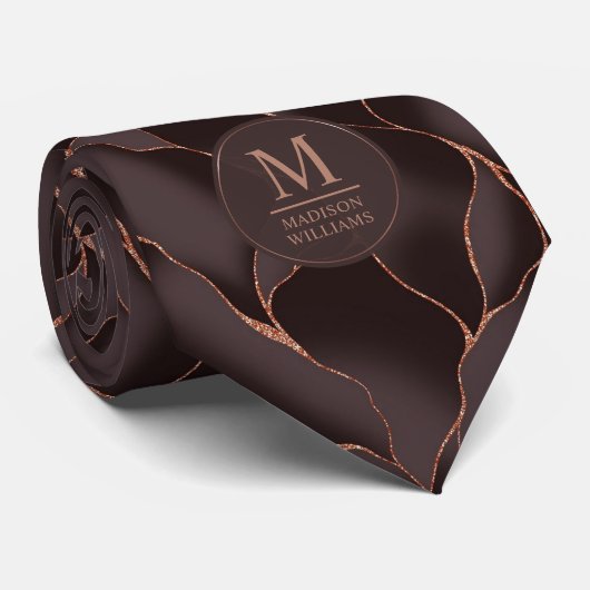 チョコレートブラウンとローズゴールドの抽象的な波模様 ネクタイ (ロール)