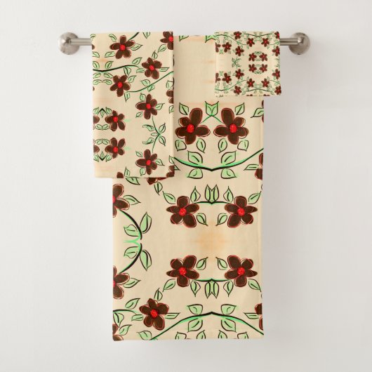 チョコレートブラウンと赤でセットされた花のタオル バスタオルセット (インサイチュ)